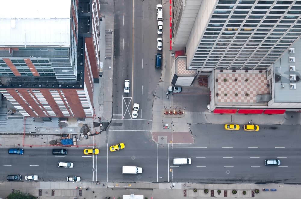 Aerial view of downtown intersection